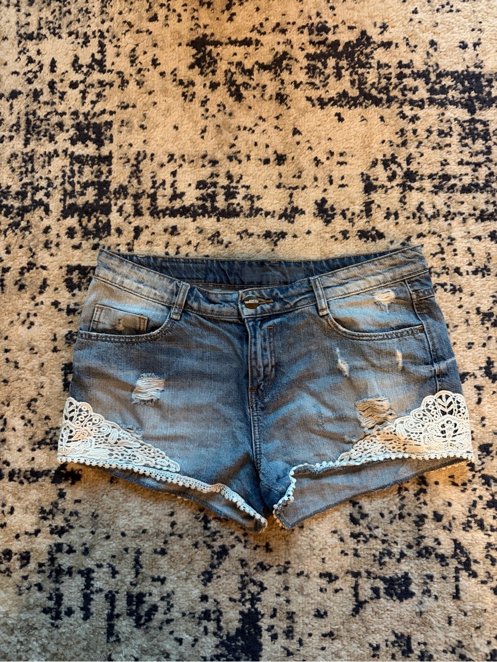 Women’s Distressed Denim Shorts with White Lace Trim - Blue